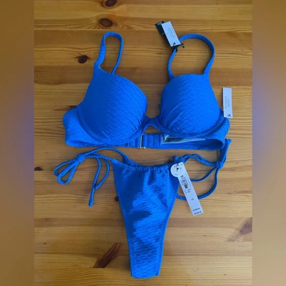 Victorias Secret Swimsuit 32C Icon Push Up Top Bikini Set Small Thong Blue NWT - Picture 1 of 6